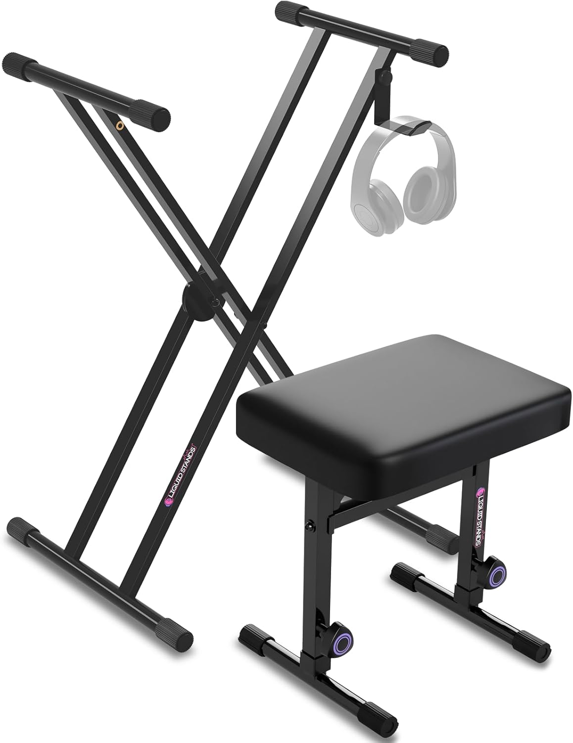 Liquid Stands X-Style Piano Keyboard Stand and Bench Fits 54 61 88 Key– Adjustable, Portable Heavy Duty Digital Keyboard Piano Stand Seat Set for Kids, Adults, Home, or Studio - Electric Music Stool