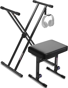 Liquid Stands X-Style Piano Keyboard Stand and Bench Fits 54 61 88 Key Adjustable, Portable Heavy Duty Digital Keyboard Piano Stand Seat Set for Kids, Adults, Home, or Studio - Electric Music Stool