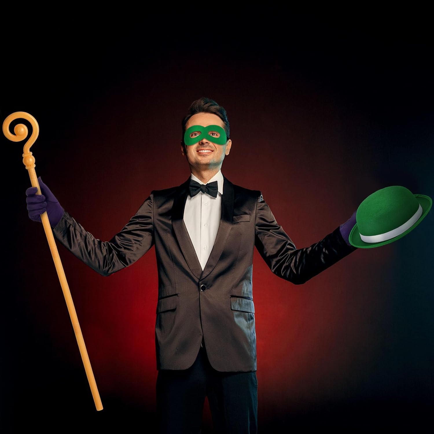 Question Mark Costume Accessory Kit for Adults Includes Felt Green Derby Hat, Gold Question Mark Cane, Adjustable Halloween Eye Mask and Purple Glove for Men Halloween Dress Party Cosplay