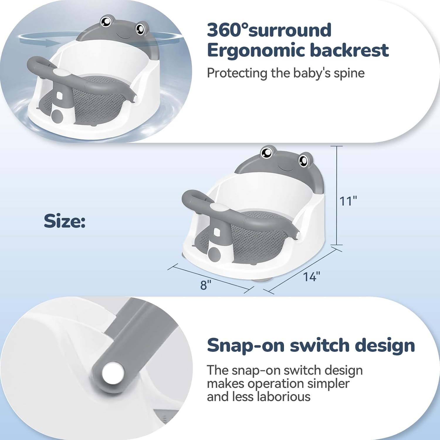 Baby Bath Seat for Babies 6 Months & Up - One-Handed Snap-On Armrest Baby Bath Chair | 4 Suction Cup Non-Slip Baby Bathtub Seat with Storage Bag | Ergonomic Infant Bath Seats for Baby Sitting Up Grey