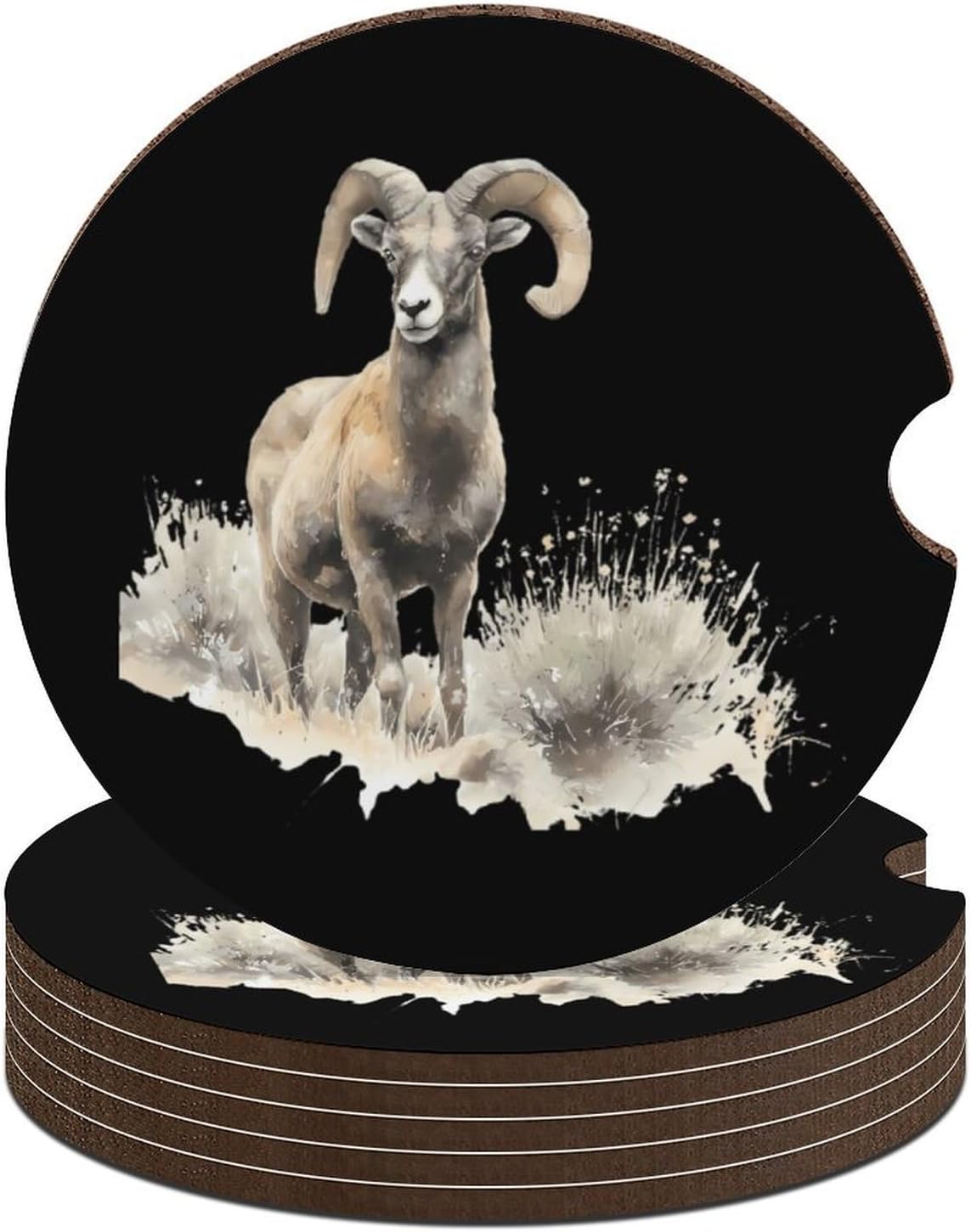 Watercolor Argali Sheep Car Cup Holder Coaster with Cork Base 2.6 Inches Anti Slip