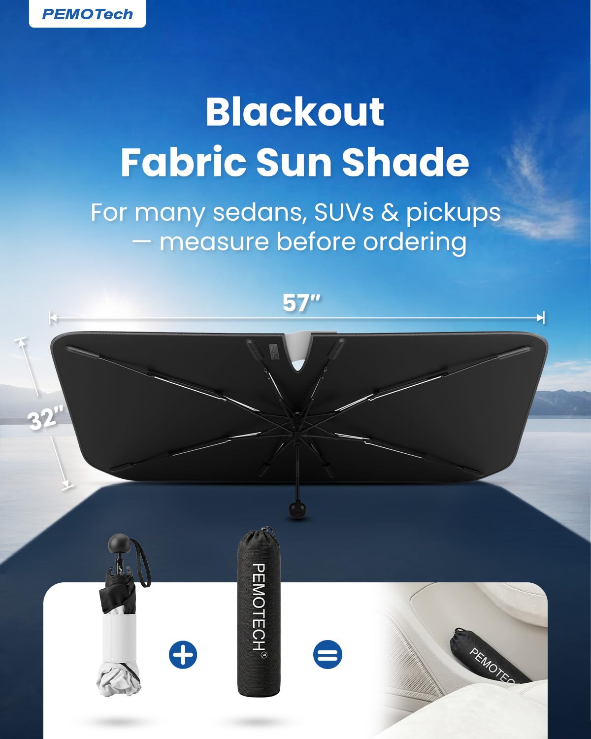 PEMOTech Faltbarer Sonnenschutz Auto mit 5-Layer Nano, Sonnenblende Auto, Sonnenschutz Auto Frontscheibe, 360° Drehbar, UV-Schutz, Hitzeschutz, Anti-Puncture für die meisten Fahrzeuge (132×76cm)