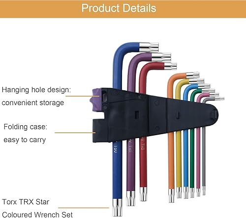 Vista 13 de Juego de llaves hexagonales Allen de 18 piezas, llave Allen de extremo de bola larga y Torx TRX Juego de llaves de color estrella T10-T50 Juego
