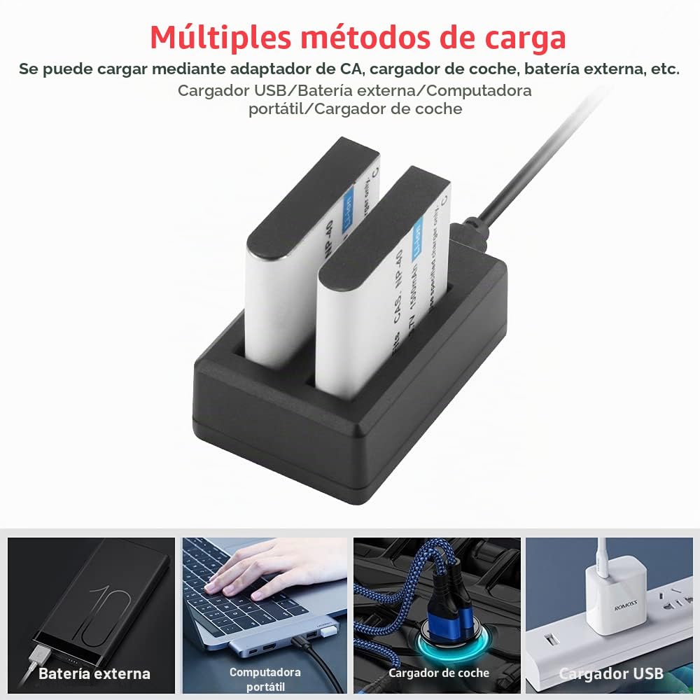NP-40 Baterías Videocámaras, 1500mAh Pilas Recargables (Paquete de 3) con Cargador USB para Digital Camcorders, Cámara Vlogging, Compatible con Casio NP-40 (No con Fuji NP40)
