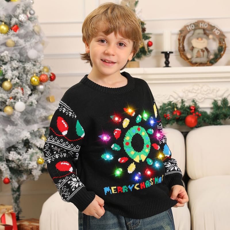 Maglione Natalizio Bambino con Luci, Maglioni Natalizi Bambini Divertenti, Girocollo Maglioncino Natalizio Famiglia Led Ugly Christmas Sweater,Brutti Maglioni di Natale per Bimbo/Bimba/Ragazza/Ragazzo