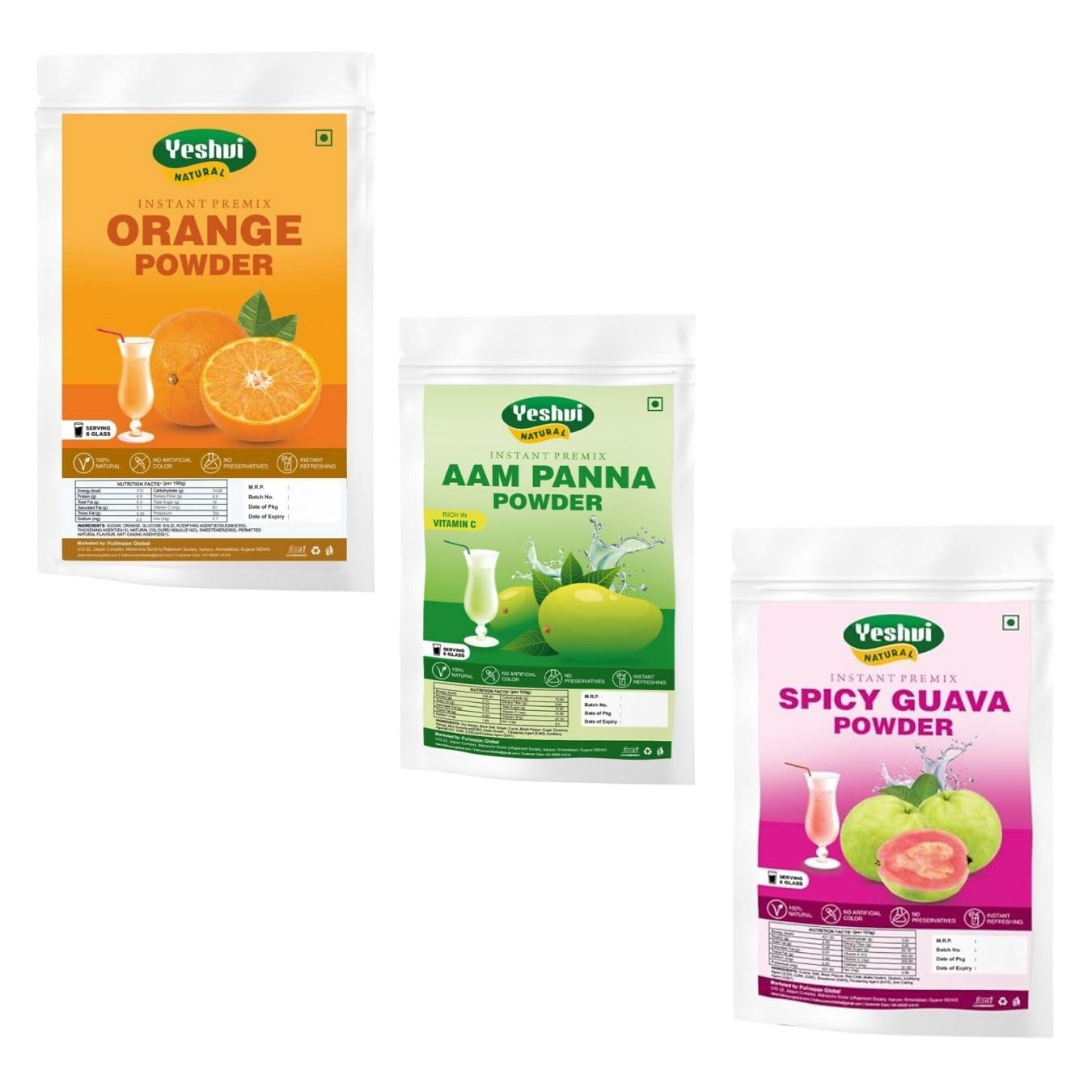 Yeshvi NATURAL Orange, Aam panna powder & Spicy Guava Powder Combo Pack, Instant Mix Drink Powder make juice, Fruit Juice Powder for Adults, 300gm