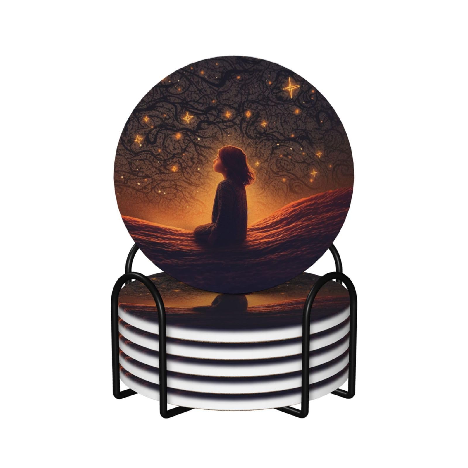 Dessous de verre ronds absorbants en céramique et liège x6 avec support design nuit