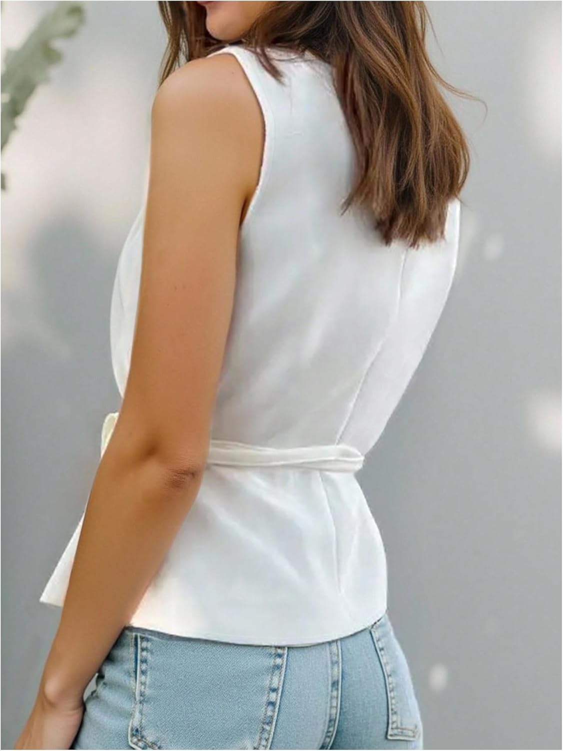 MakeMeChic Women's Wrap Blouse Vest Sleeveless Blazer Tie V Neck Belted Elegant Office Shirt Tops - Image 2