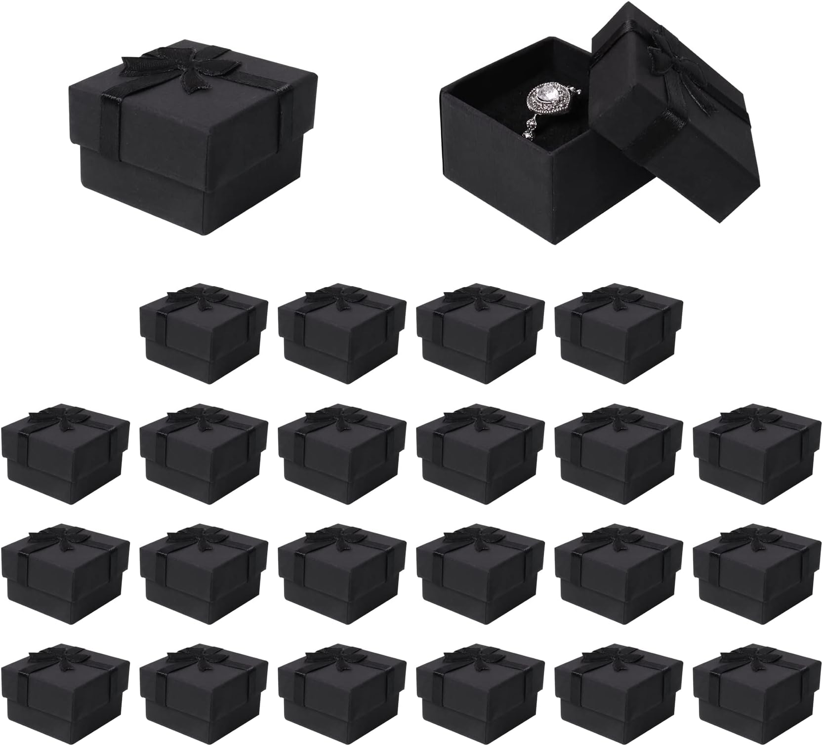 24 Pack Jewellery Gift Boxes, 4x 4x 2.6 cm Ring Gift Boxes with Bow Knot and Lids, Ring Earring Boxes Bulk for Jewellery Display Gifting, Black