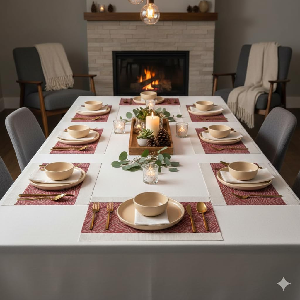 YELONA Placemats Set of 8, Heat-Resistant Woven Vinyl Table Mats, Non-Slip & Washable Dining Tablemats for Kitchen & Dinner Decor, Berry Red (45cm x 30cm)