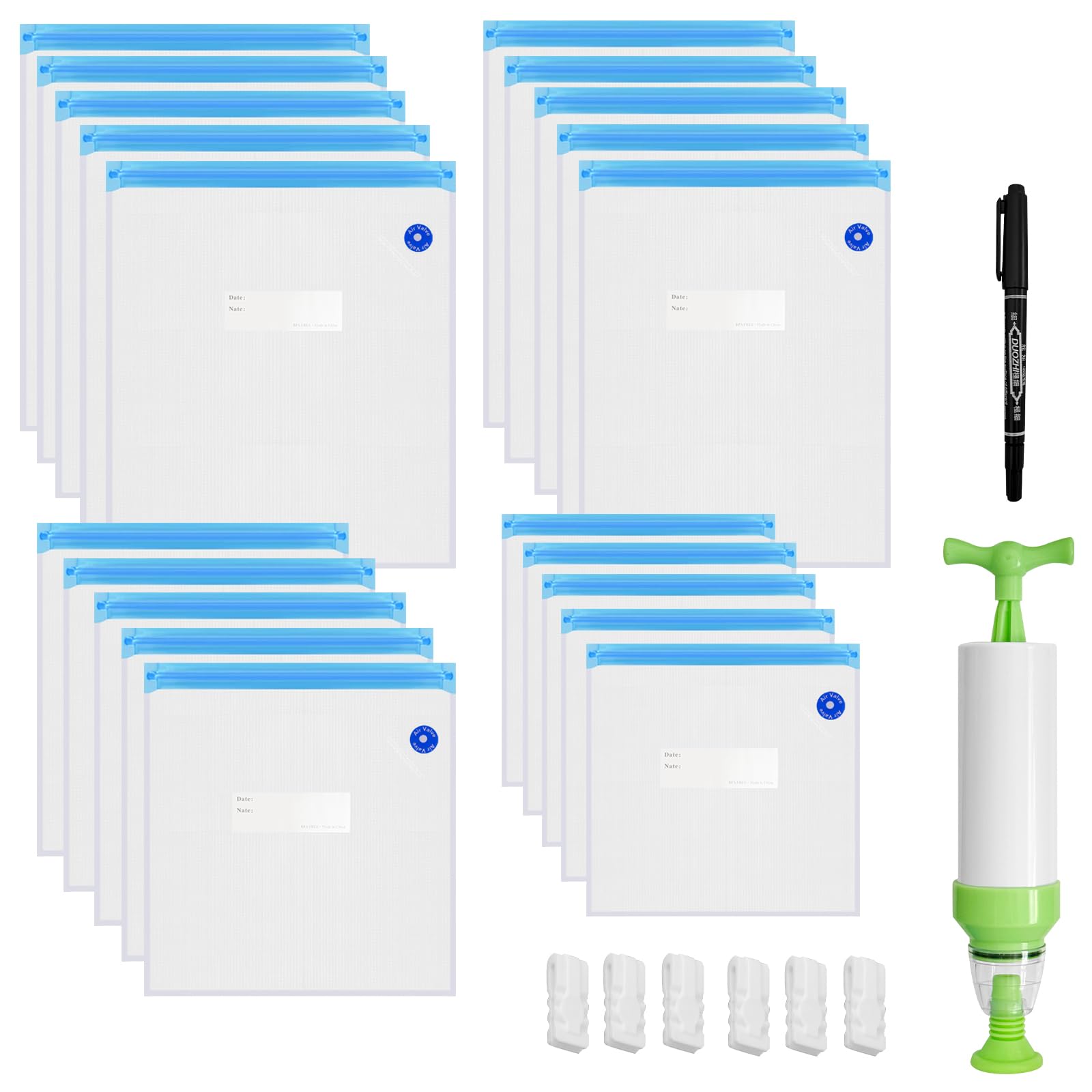 20PCS Food Vacuum Sealer Bags with Hand Pump - 4 Sizes Reusable Vacuum Storage Bags for Food Preservation, Includes 6 Zipper Clips and Marker Pen, Sealed Freezer Bag for Meat Vegetables Food