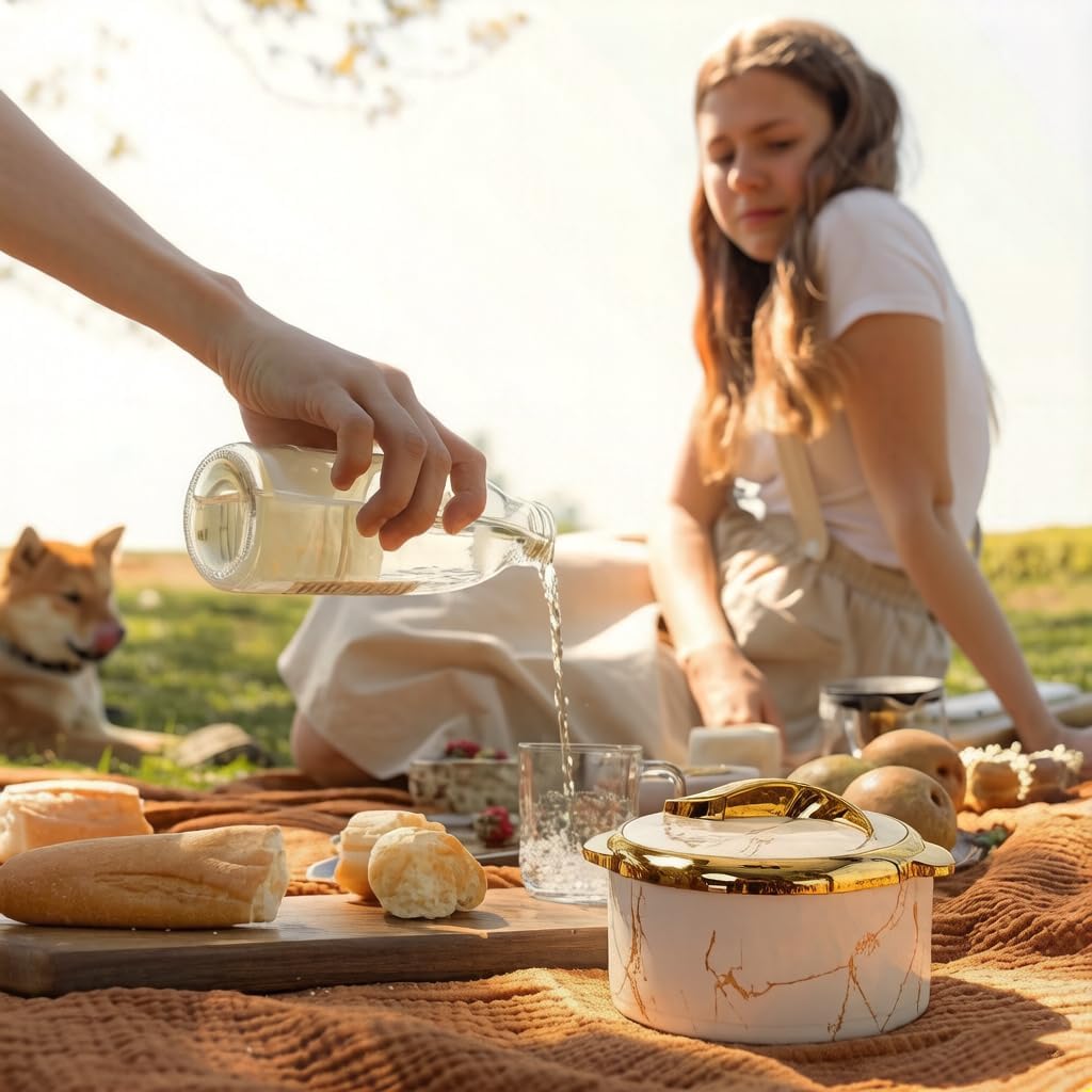Luxury 3-Piece 2.6/2.1/1.6qt Thermal Casserole Dish Set with Lids, Insulated Stainless Steel Container for Hot & Cold Food, Serving Bowl for Buffets/Parties-Marble White