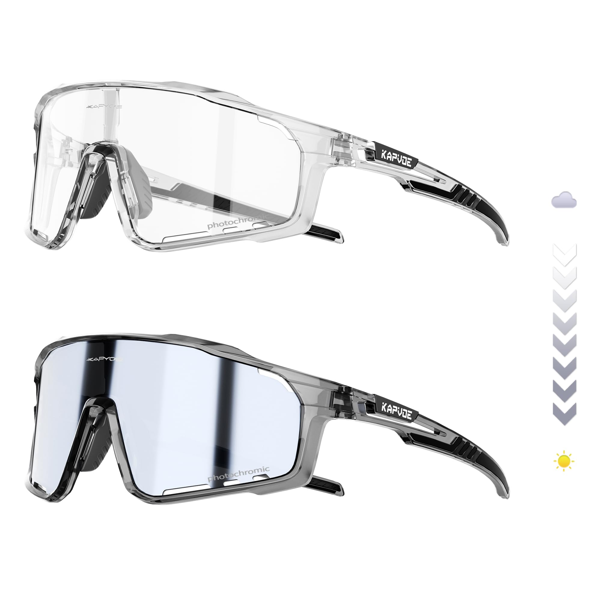 KAPVOE Gafas Ciclismo Fotocromáticas de Color UV400 Hombre Mujer K76 | Transparente a plateado fotocromática de color CAT.1-CAT.2, UV400, ventilación, almohadilla regulable