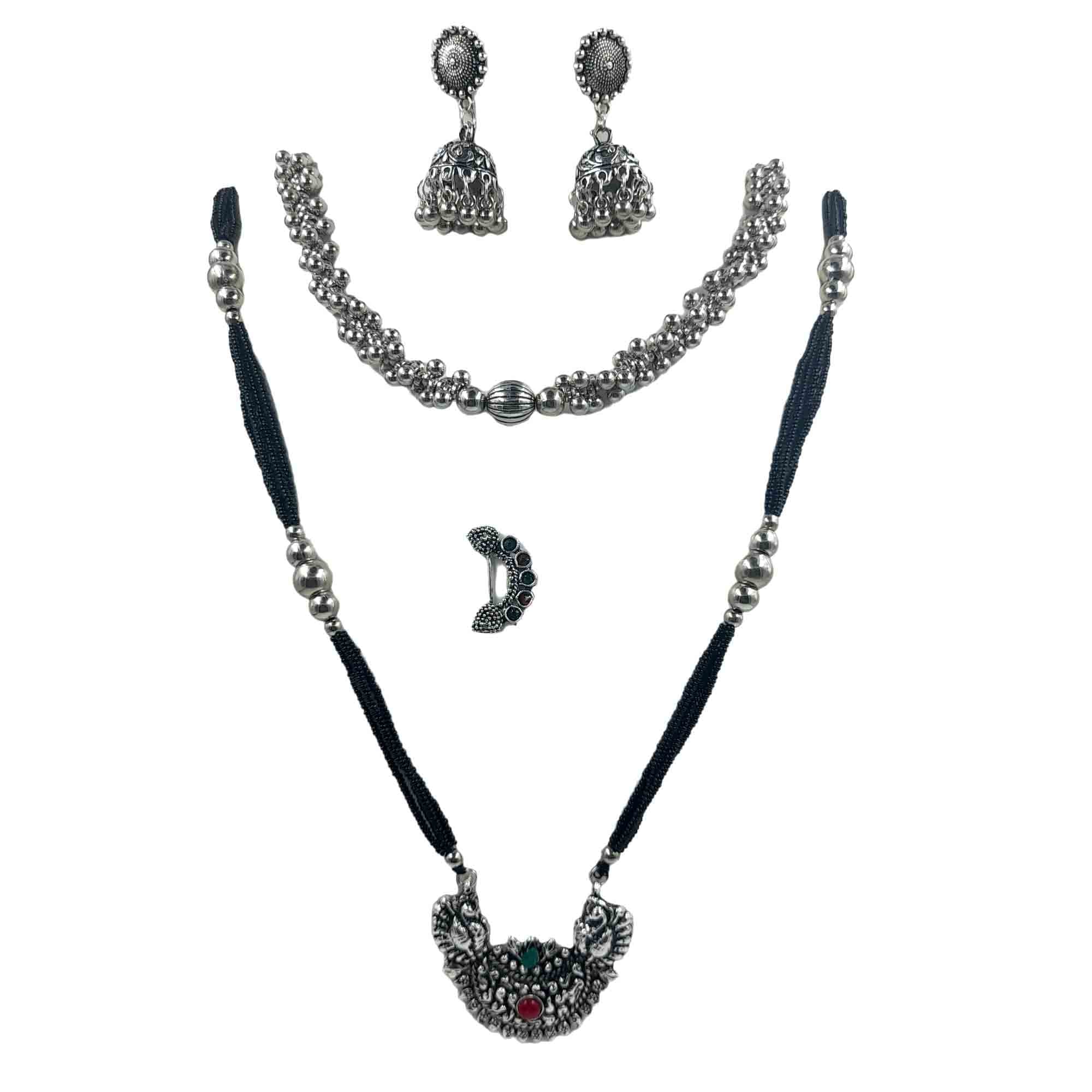 Swaroop Designer Stylish Oxidised Silver Long Mangalsutra Short Choker Zumki Set Nosepin Jewellery Set (B0BFB8H16S) Amazon Price History, Amazon Price Tracker