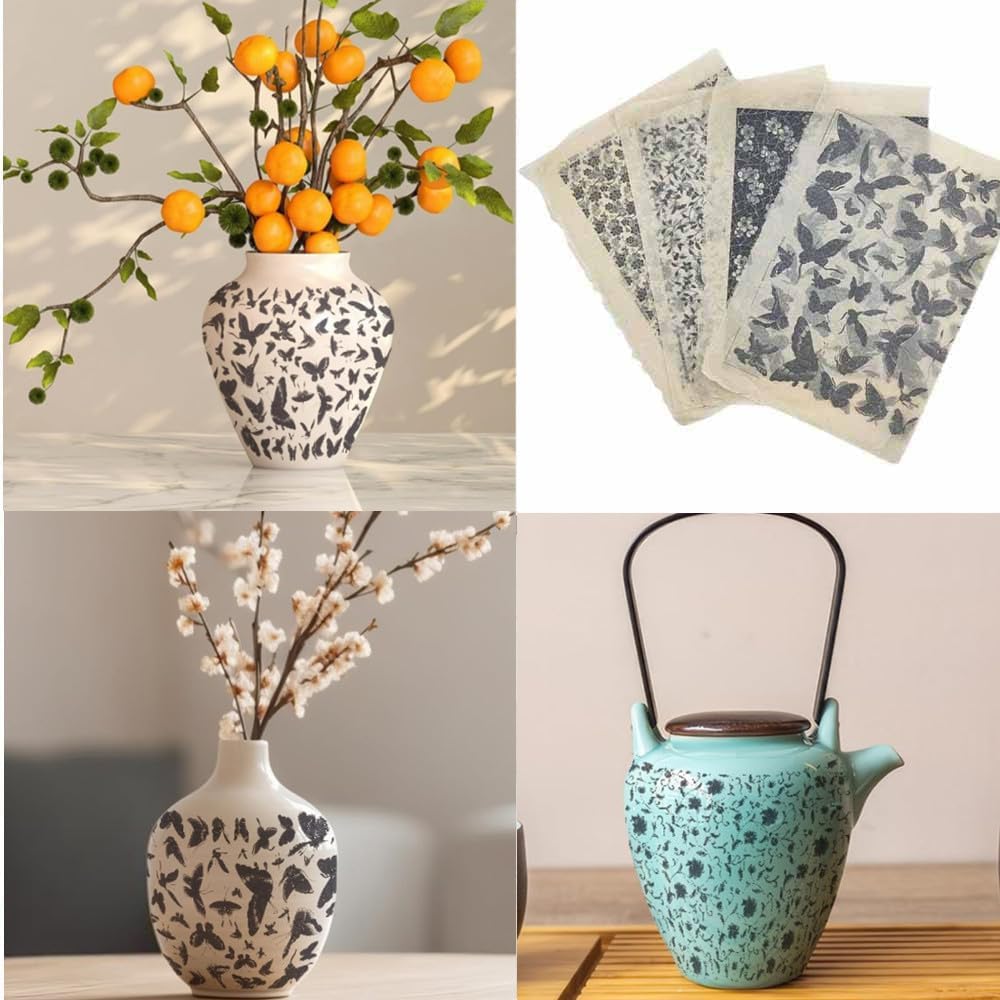 Primst 6PCS Pottery Art DIY Stickers Ceramic Clay Transfer Paper Flower Paper Porcelain Glaze Underglaze Transfers for Pottery Overglaze Enamel Waterslide Decal (Black)