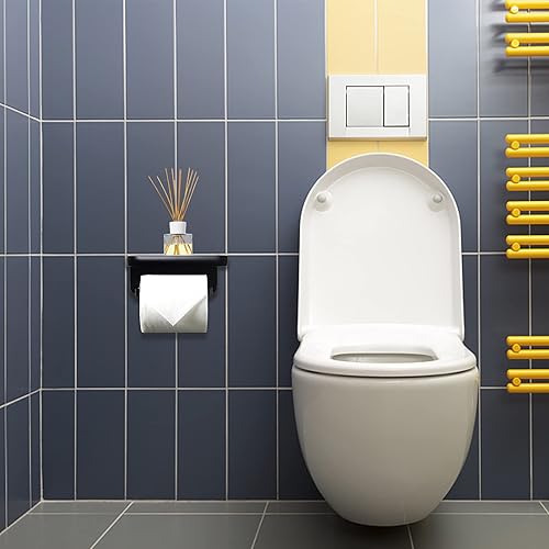 Miniatura 3 de Soporte de papel higiénico con estante, soporte de pared negro mate, adhesivo de baño SUS 304 de acero inoxidable moderno soporte para toallas de