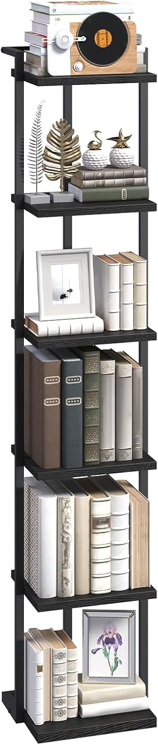 Bookshelf, 6-Tier Bookcase, Vertical Tall Narrow Book Shelf for Small Space, Open Storage Display Shelf with Stable Base & Anti-Tip Kits, for Living Room, Office, Study, Black BKBK11601