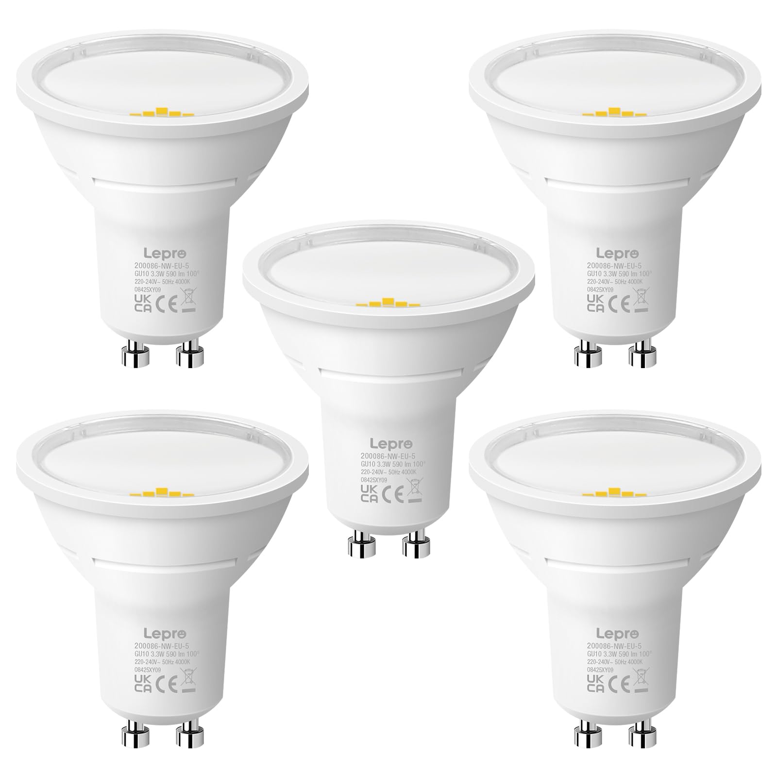 Lepro Neutral White Gu10 Led Bulbs, 4000K, A Energy Class, 590Lm, 3.3W (50W Equivalent), 100° Wide Beam Angle, 50000H Long Life, Energy Saving Led Spotlight Bulb, Non-Dimmable, Pack Of 5