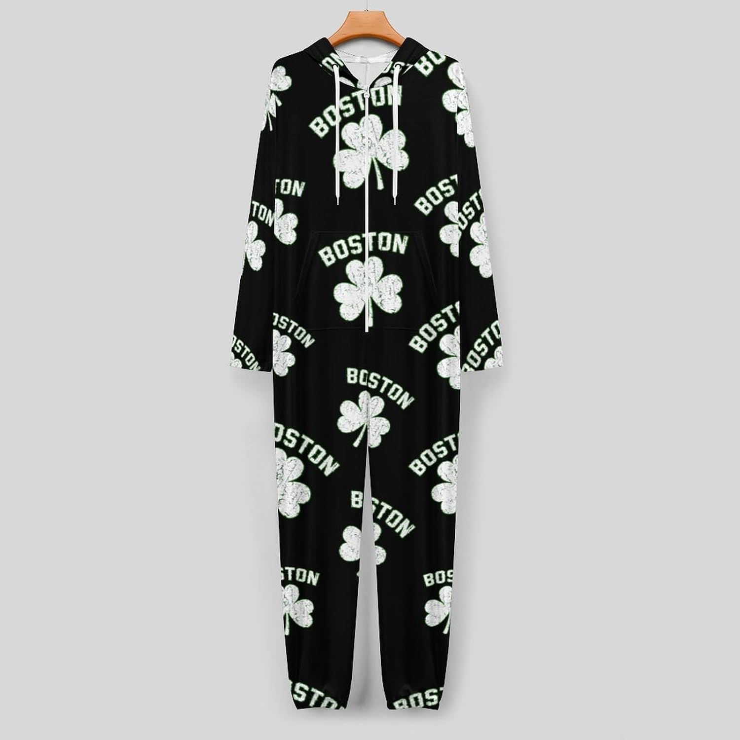 Boston Shamrocks Adult Pajamas Onesie with Hood Pocket Jumpsuits One Piece Sleepwear