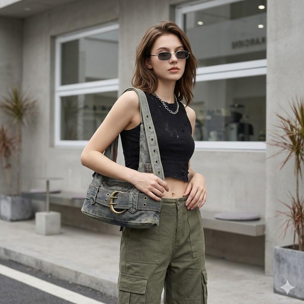 Denim Hobo Bags for Women Y2K Vintage Crossbody Purse with Large Buckle Multi-Pocket Casual Shoulder Handbag for Daily Travel