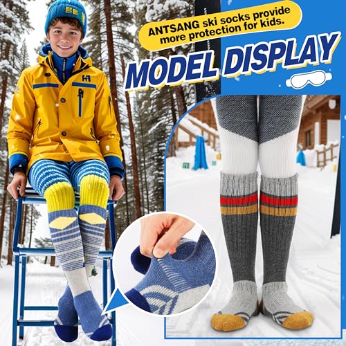 ANTSANG 3 Paar Kinder Merino Woll Skisocken für Jungen und Mädchen Thermische warme dicke Wintersocken mit Polsterung für Snowboarden und Skifahren(Rot/Blau/Grau,34-38)