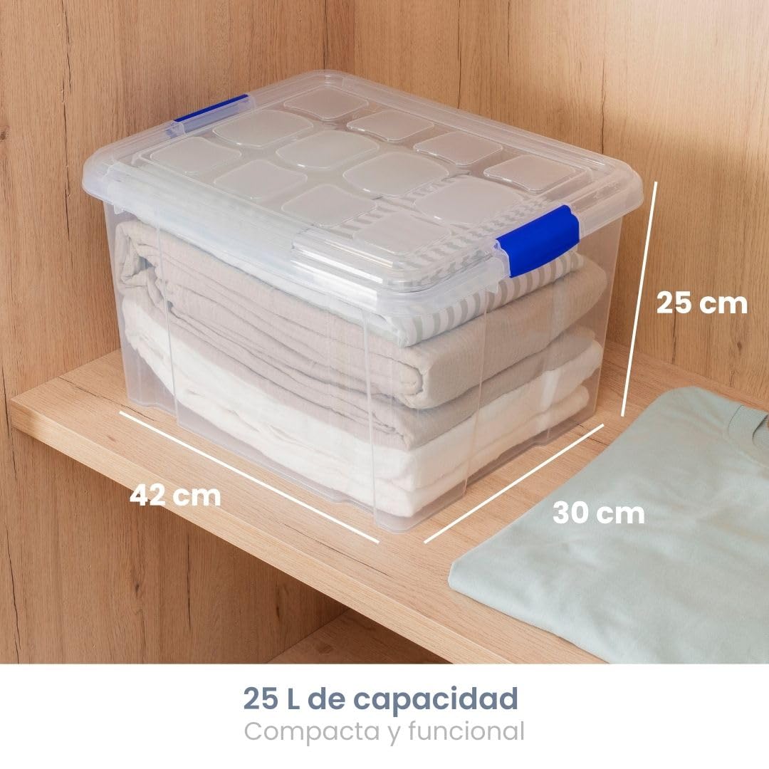 PlasticForte – Pack de Cajas de Almacenamiento de 25 y 16 L con Tapa - Plástico Resistente, Apilables y Transparentes - Organizador (Azul, Pack 4, 25, Litros)