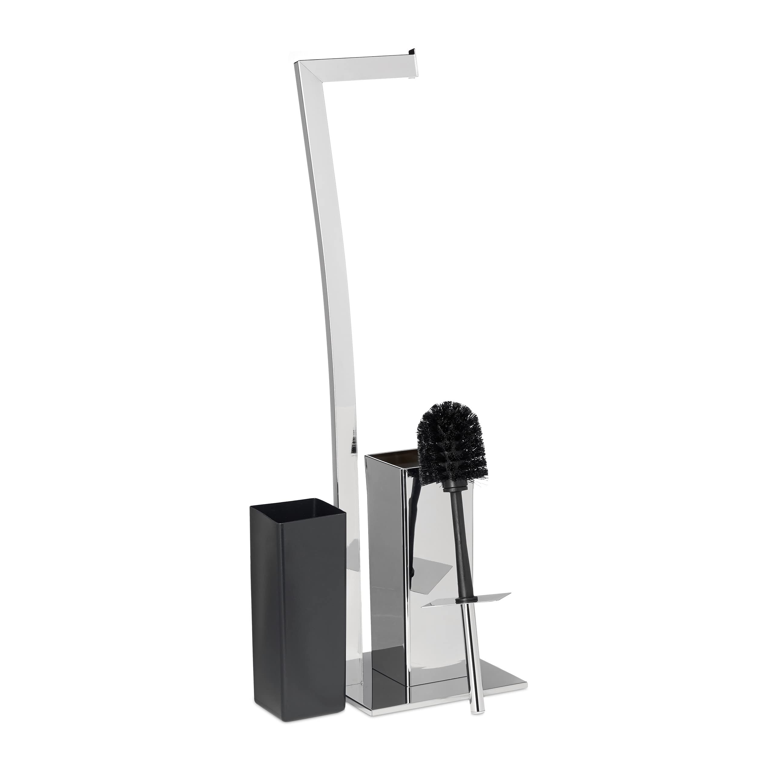 Relaxdays Set da Accessori per WC, Porta Scopino in Acciaio Inox, Piantana Portarotolo HLP 71 x 20 x 20 cm, Argentato