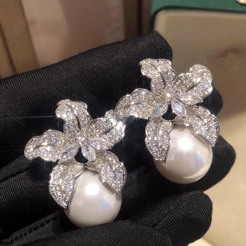 Full of Diamond Lily Earrings Temperament Flower Pearl Earrings Pearl Flower Studs Earrings for Women, 925 Sterling Silver Exaggerated Statement Earrings Jewelry for Party Prom