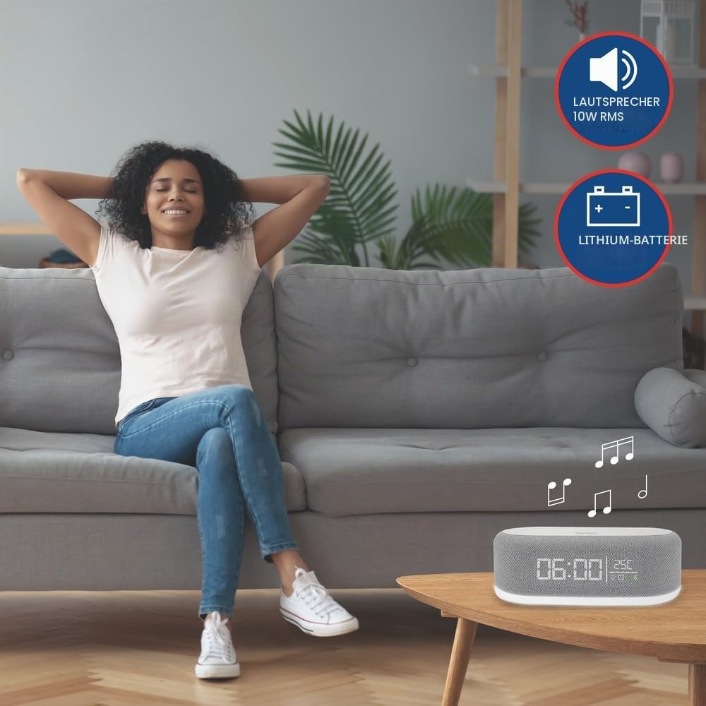 NASA Wecker SPC400 – Radiowecker, Bluetooth-Lautsprecher, Lautsprecher 5 W x 2, kabelloses Laden 15 W, Nachtlicht, Lithium-Akku, USB-C-Kabel im Lieferumfang enthalten – Grau