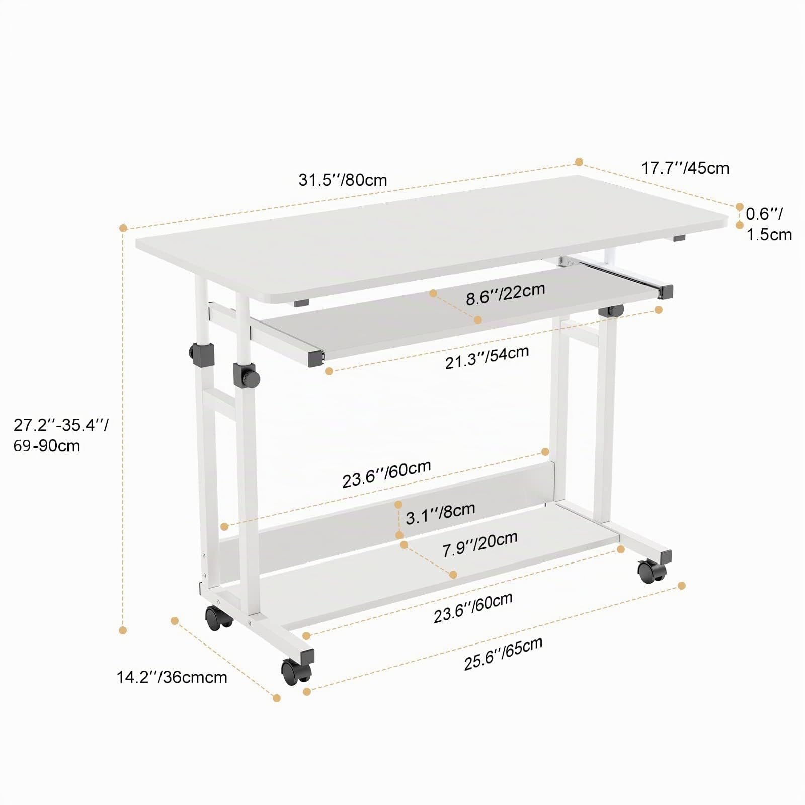 Dripex Scrivania regolabile in altezza, scrivania per computer con ruote, scrivania piccola su ruote, tavolo per laptop salvaspazio con estrattore per tastiera e scaffale, tavolo per PC piccolo