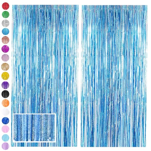 Light Blue Foil Fringe Tinsel Backdrop Glitter,2pcs 3.2 x 6.5ft Blue Foil Curtain Decor,Metallic Tinsel Foil Fringe Curtain for Mermaid Birthday Baby Shower Mama Mia Bachelorette Blue Frozen Party