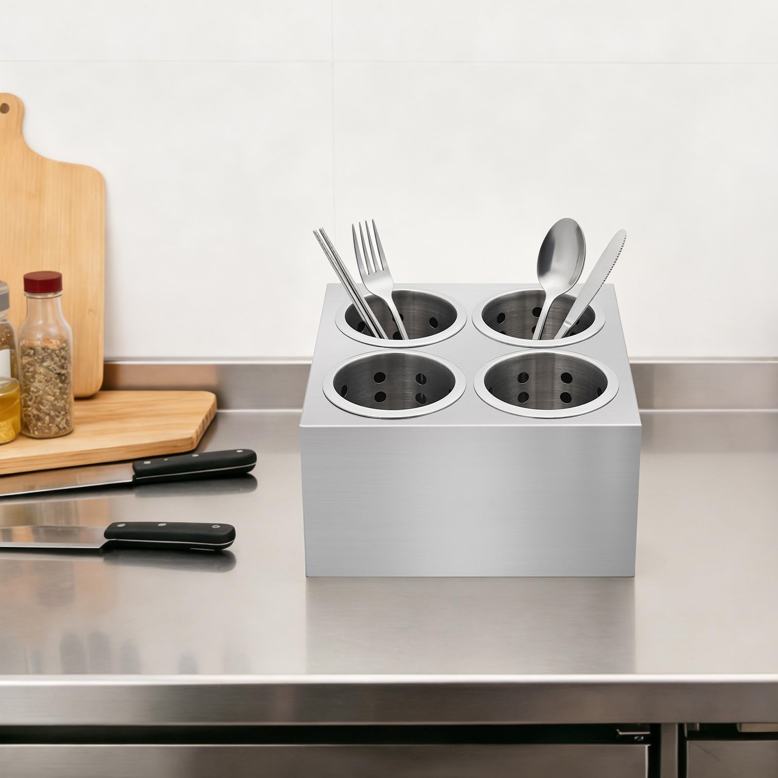 4 compartimentos de acero inoxidable para utensilios de cocina, organizador de cubiertos, cesta para utensilios, con orificios de ventilación, para palillos, cucharas, cuchillos y tenedores