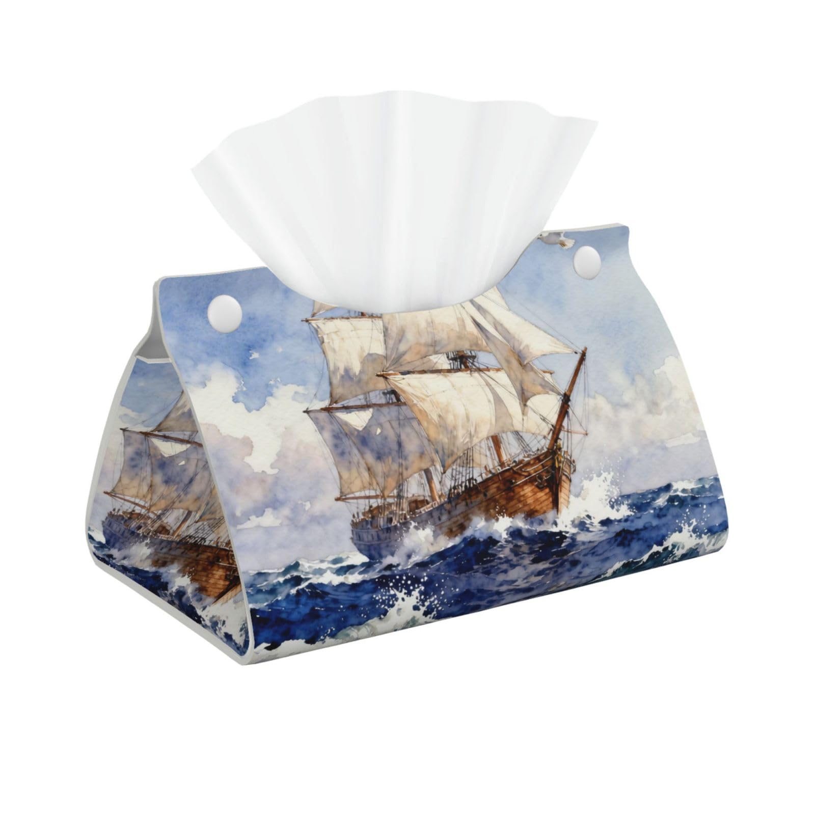 Sailing Ship Ocean Long Leather Tissue Box Cover-Waterproof PU Leather Tissue Holder for Bathroom, Decorative Rectangular Tissue Case