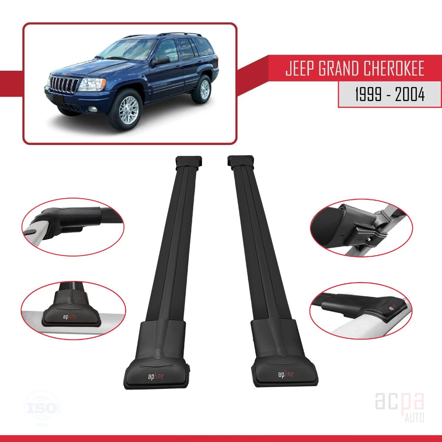 Compatible con Jeep Grand Cherokee 2 (WJ) 1999-2004 Modelo Fly Barra de Techo Auto Portaequipajes Barras Transversales Negro Aluminio 2 Barras