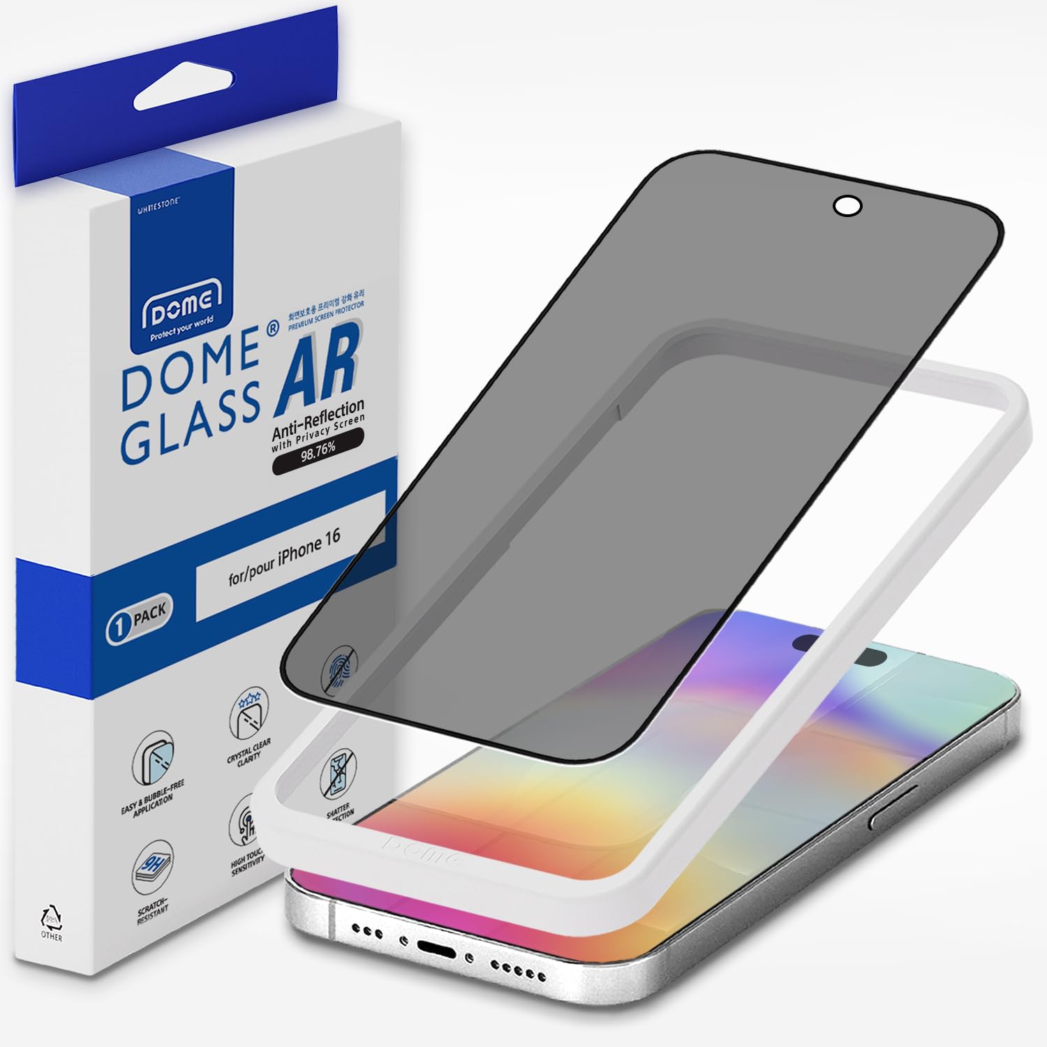 DOME GLASS Whitestone DOME AR Privacy [Super Anti-Reflection & Privacy] Tempered Glass Screen Protector for iPhone 16 with Easy Installation Tool [1Pack]