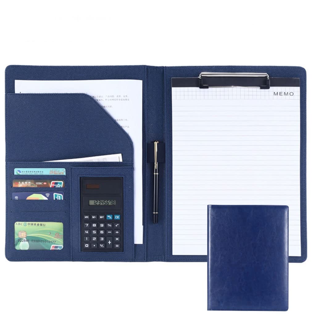 Cartella per appunti A4 Cartella per conferenze, Portablocco in pelle A4, portadocumenti aziendale, for interviste, organizer con blocco appunti for riunioni(Blue,8digit calculator)
