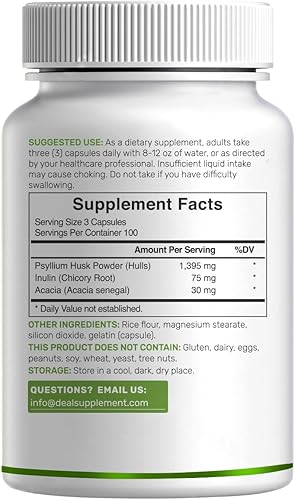 Miniatura 6 de Cáscara de psyllium 1500mg por porción, 300 cápsulas – Suplemento de fibra 3 en 1 con complejo de inulina y acacia – Fibra soluble natural, apoya la