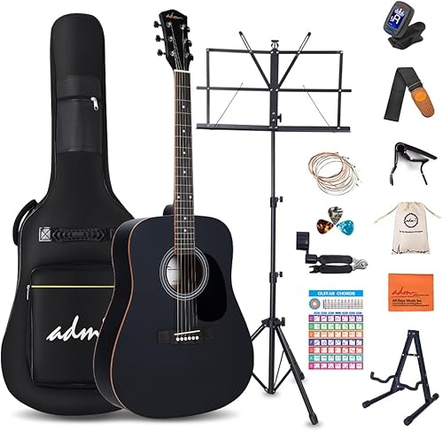 ADM Dreadnought - Kit de guitarra acústica con lección gratuita para principiantes, adultos, adolescentes, tamaño completo, juego de iniciación de