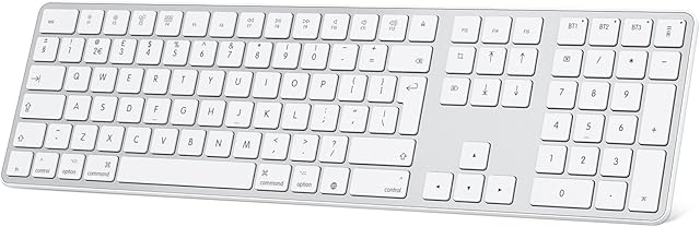 OMOTON Bluetooth Keyboard for Apple MacBook/iMac/MacBook Pro/Air/Mac OS, Rechargeable+Multi-Device, QWERTY UK Layout, Silver and White