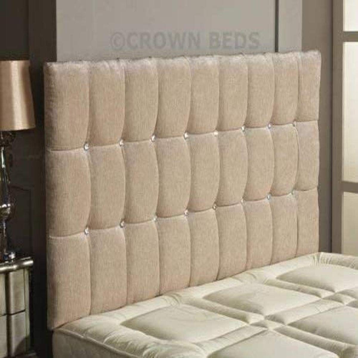 CROWNBEDSUK Omega diamante chenille headboard in 2ft6,3tf,4ft,4ft6,5ft,6ft (5FT KINGSIZE, Stone)