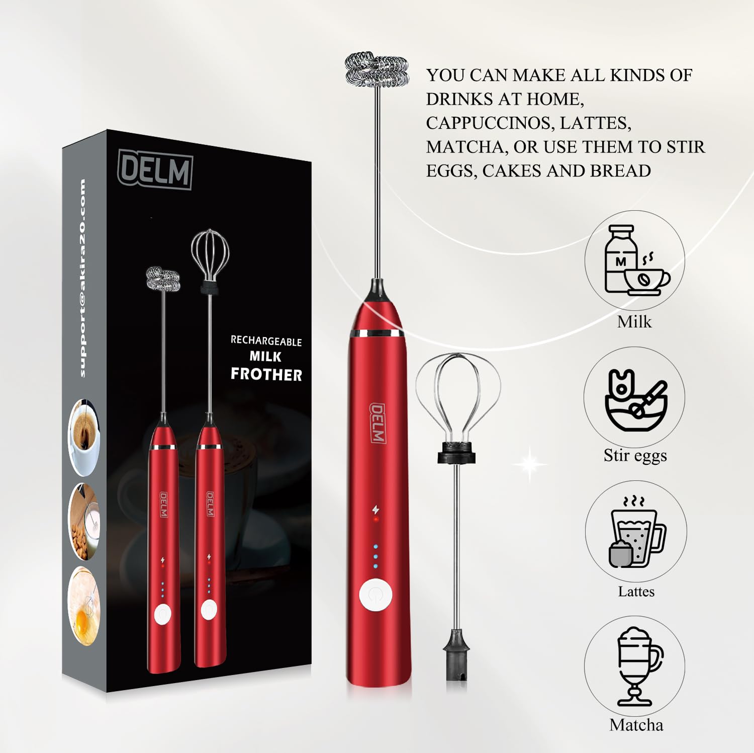 Delm Mousseur à lait électrique USB Accessoire en acier inoxydable (rouge)