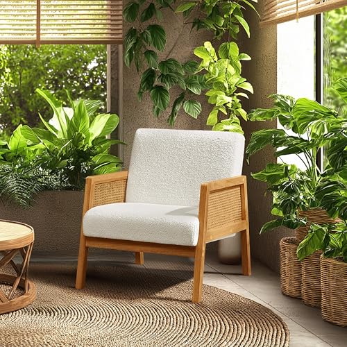 Yaheetech Boucle Fabric Accent Chair, Vintage Rattan Vanity Chair with Wood Armrest and Legs for Living Room Bedroom Makeup Room, Ivory 1 Yaheetech Boucle Fabric Accent Chair, Vintage Rattan Vanity Chair with Wood Armrest and Legs for Living Room Bedroom Makeup Room, Ivory 1