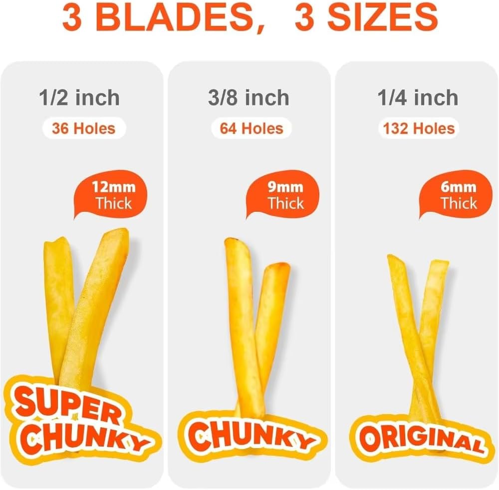 3-Blade French Fry Cutter for Potatoes - Adjustable Press with 1/2", 3/8", 1/4" Slicer Blades, Heavy Duty Manual Vegetable Chopper for Sweet Potatoes & Carrots