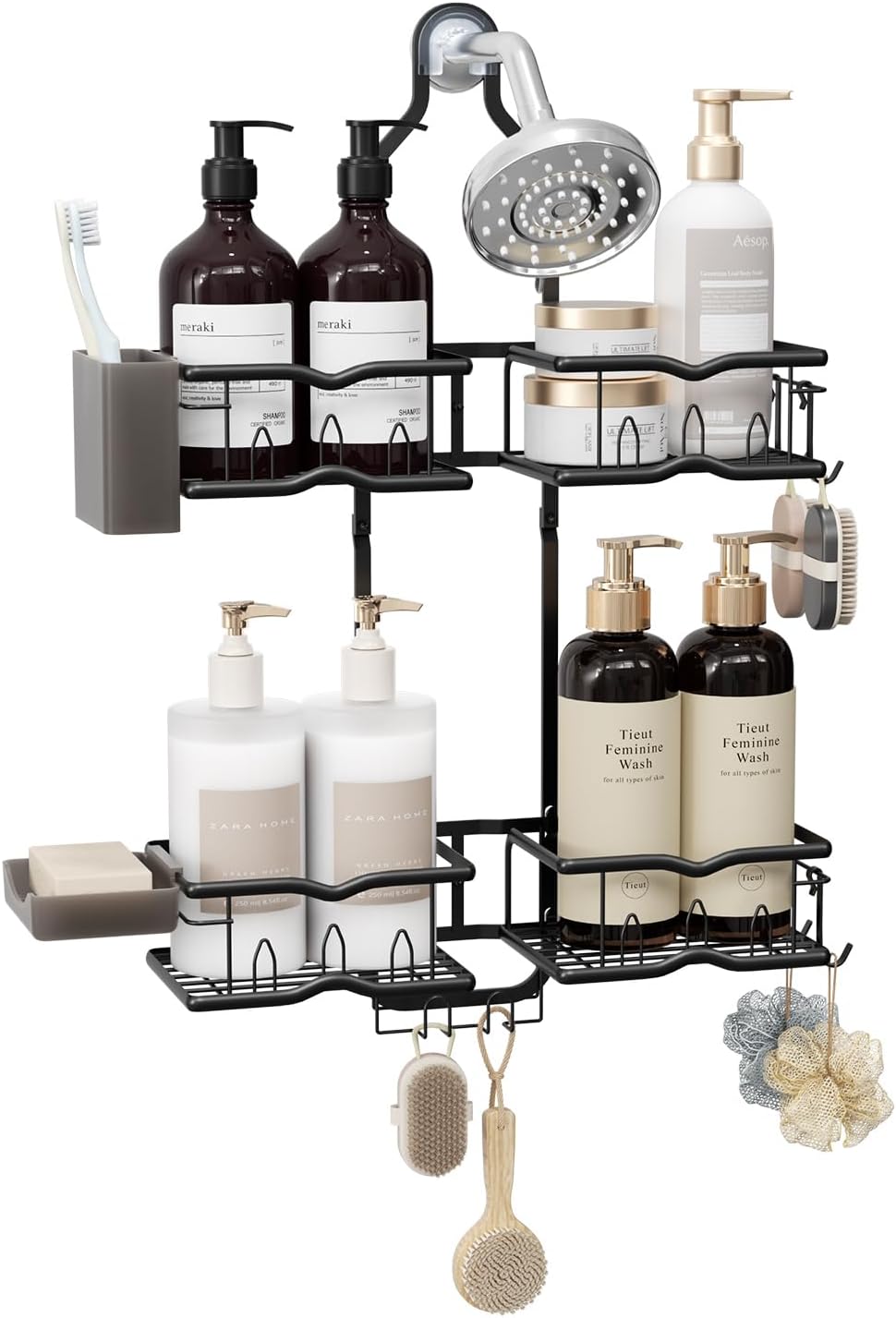 Heavy-Duty Shower Caddy Hanging for Handheld Showerhead, 2-Tier Adjustable Height Bathroom Organizer with 10 Hooks & Soap Holder, Rustproof Carbon Steel Anti-Swing Shower Shelves, Black