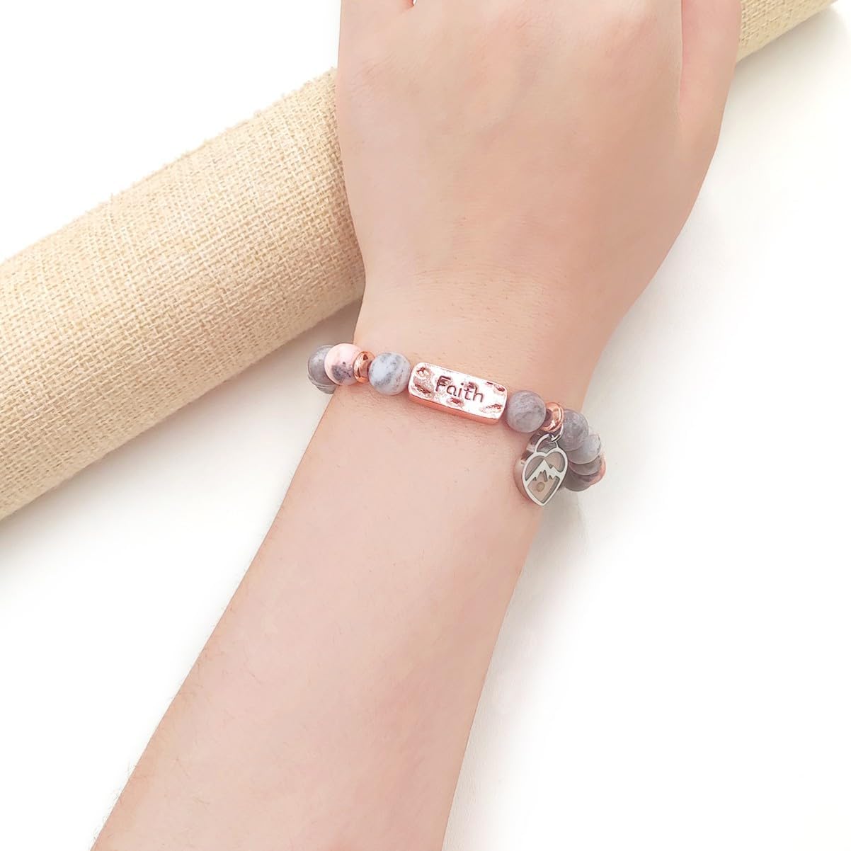 Mustard Seed Faith Bracelet | 8mm Round Natural Stone Beads | Heart Mountain Design Charms | Christian Beaded Bracelet for Men Women 7" Perimeter | Y4108 - Image 2