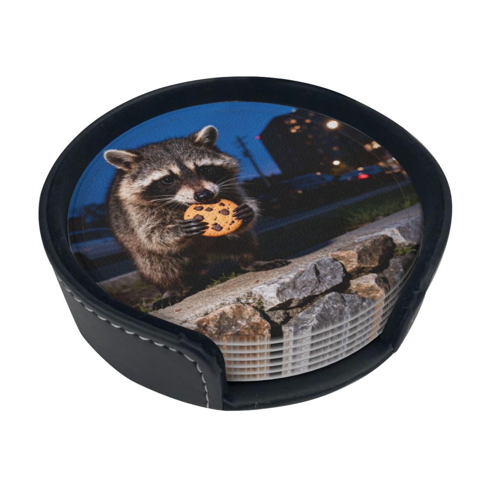 Cntdbu White Raccoon Leather Coasters Set Of 6-Pu Leather Drink Mats For Table, Heat Resistant Round Coasters With Holder