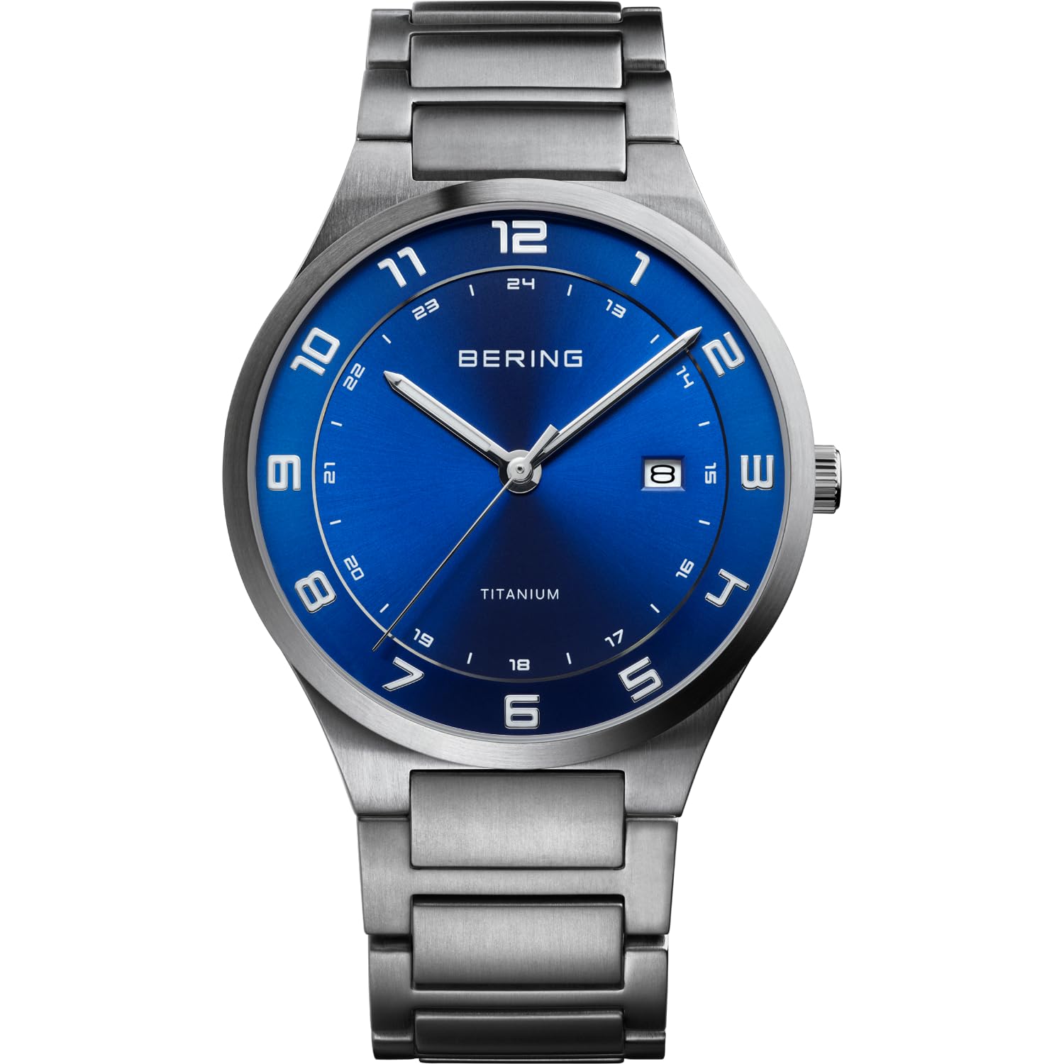 BERING Męski zegarek kwarcowy | zegarek na rękę z tytanową kopertą w kolorze srebrnym o średnicy 40 mm z niebieską tarczą | bransoleta tytanowa | 10 ATM | 15139-707