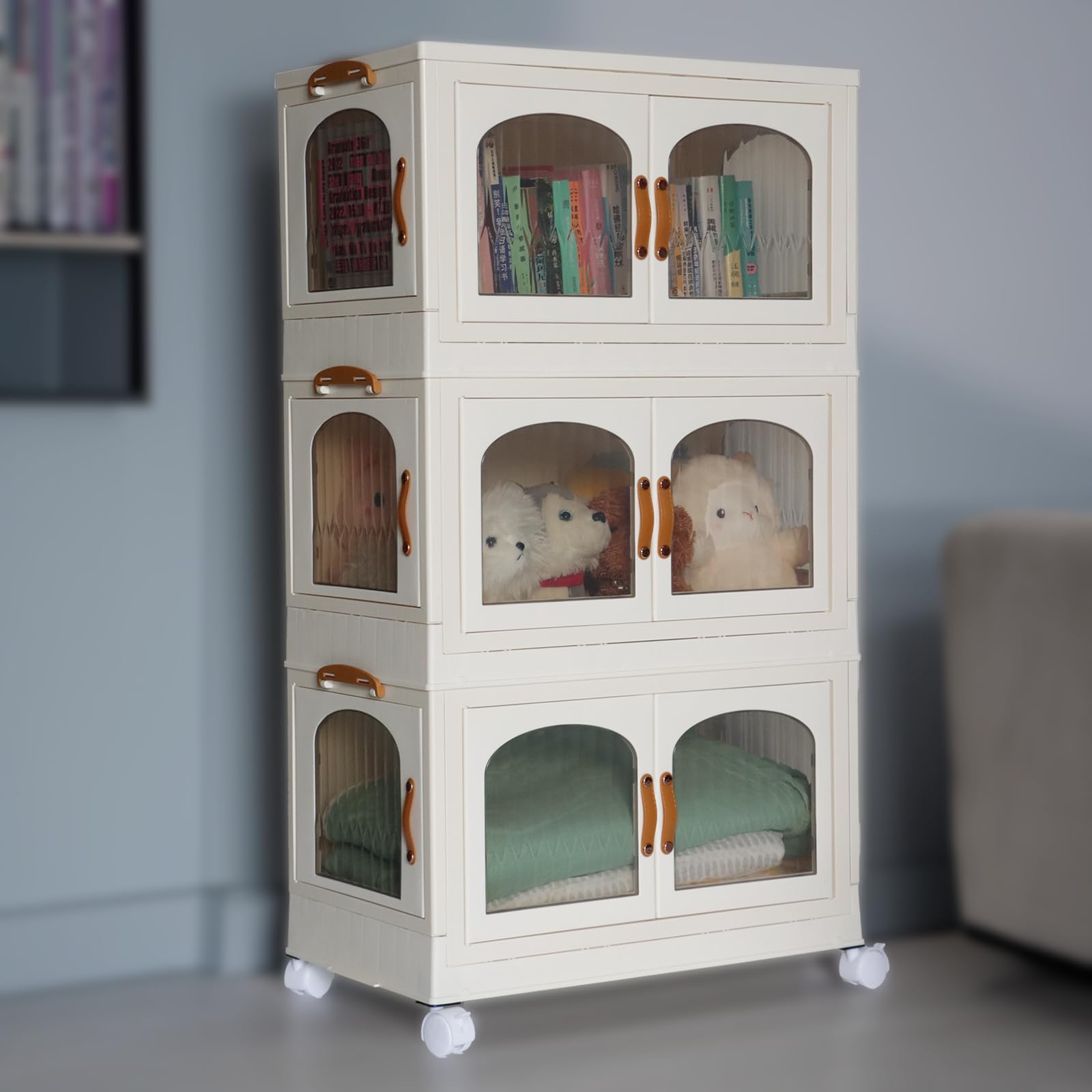 Fordonral 3 Pack Closet Organizers and Storage, Collapsible Storage Bins with Lids and 3 Doors, Heavy Duty Stackable Storage Bins Modern Cabinet, 3 × 11 Gallon / 50 Liters / 44 Quart (White)