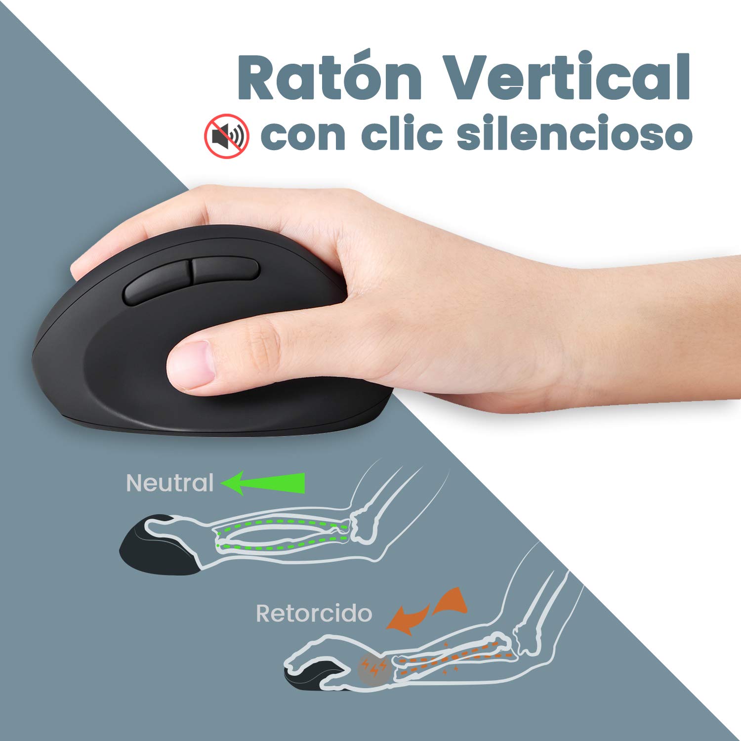 Perixx Periduo-606 - Juego de Teclado Compacto ergonómico y ratón Vertical inalámbrico, reposamuñecas Ajustable y Teclas de Perfil bajo, dpi Ajustable, QWERTY español