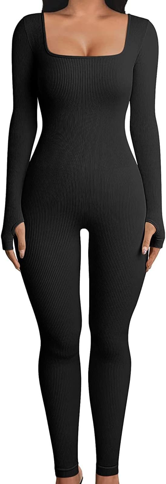 AunaeywWomen‘s Jumpsuits Sexy Ribbed Knit Bodycon Square Neck Long Sleeve One Piece Romper Jumpsuit Yoga Workout Unitard Playsuit